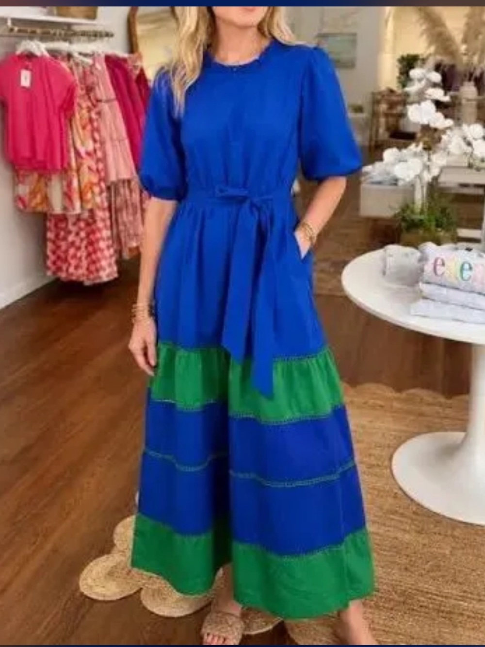 Maude Vivant Miley Royal Blue & Green Maxi Dress with Waist Tie PARTY /WEDDING